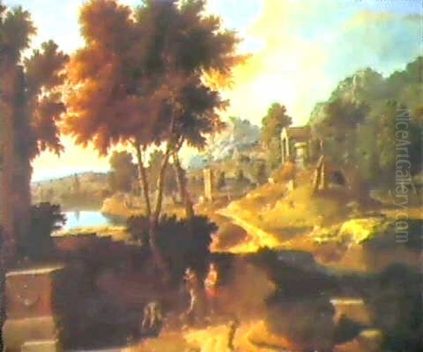 Classical Landscape With Figures Near Pool In The Foreground Oil Painting by Jean Francois (Francisque) Millet the Younger