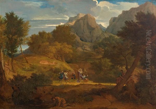 Mythological Scene In A Mediterranean Mountain Landscape With Figures Dancing Oil Painting by Francisque Millet