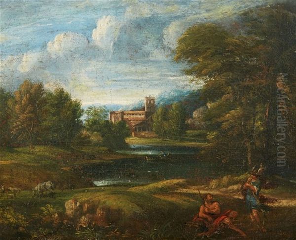 Small Landscape With Hermes And Argos Oil Painting by Francisque Millet