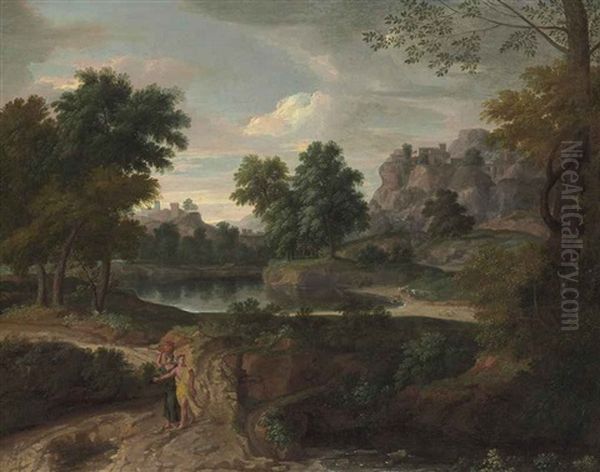 Two Figures On A Path In A Wooded Classical Landscape, Buildings And A Pool Of Water Beyond Oil Painting by Francisque Millet