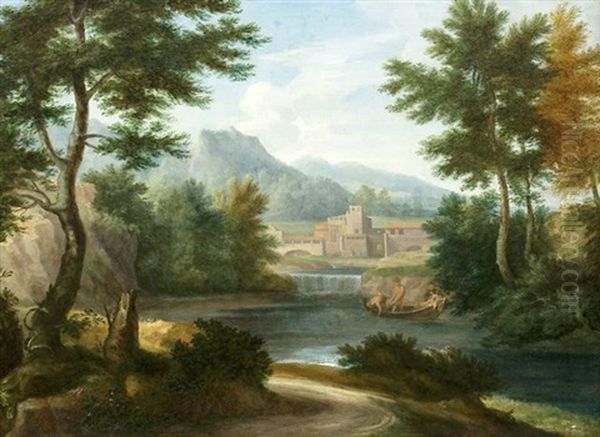 Klassische Landschaft Mit Fischern Auf Einem See Und Gehoft Im Hintergrund Oil Painting by Francisque Millet