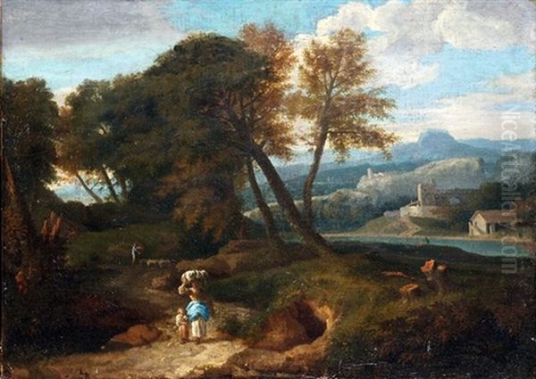 Sudliche Bewaldete Flusslandschaft Mit Mutter Und Kind Auf Einem Weg Oil Painting by Francisque Millet