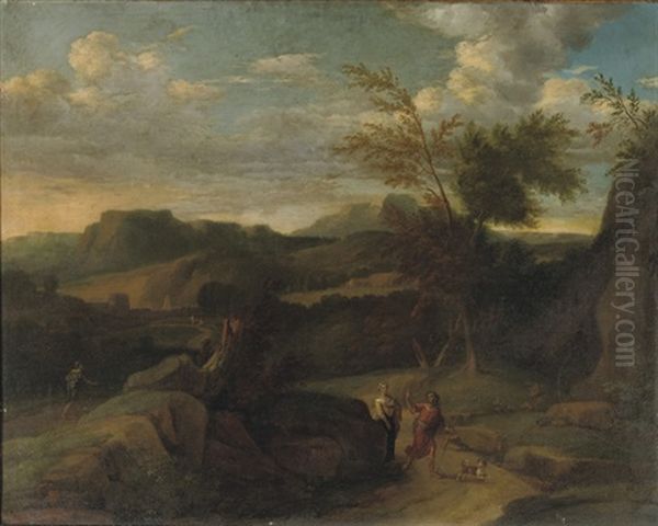 An Italiante Landscape With Travellers On A Track, Beyond A Walled Town Oil Painting by Francisque Millet