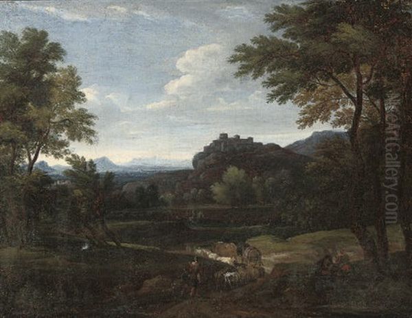 An Italianate Landscape With Shepherds And Their Cattle On A Track, A Village Beyond Oil Painting by Francisque Millet