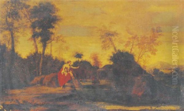 A Classical Landscape With A Woman And Two Children Oil Painting by Francisque Millet