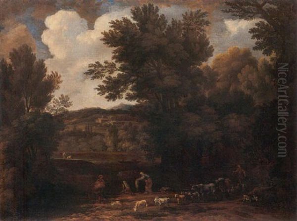 A Classical River Landscape With A Drover With His Herd And Washer-women Oil Painting by Francisque Millet