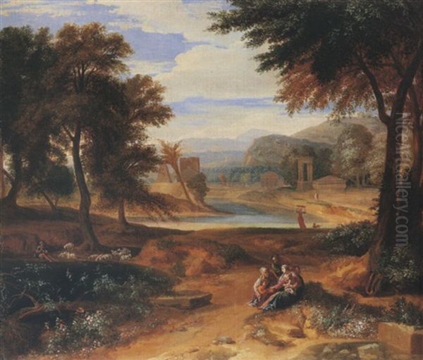 A Classical Landscape With The Holy Family, The Infant Saint John The Baptist And Saint Elizabeth Oil Painting by Francisque Millet