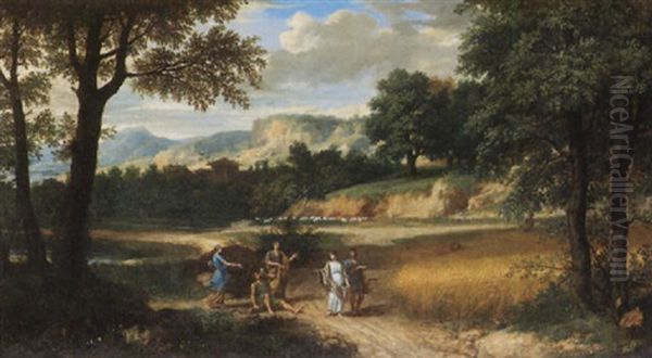 An Arcadian Landscape With Harvesters Oil Painting by Francisque Millet