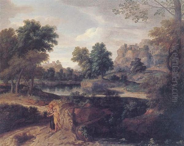 Two Figures On A Path In A Wooded Classical Landscape, With Buildings And A Pool Of Water Beyond Oil Painting by Francisque Millet