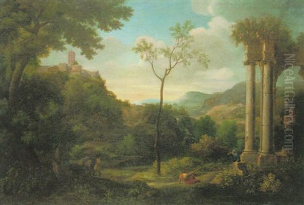 Ideale Landschaft Mit Einer Antiken Tempelruine Und Vorn Einem Maultiertreiber Oil Painting by Francisque Millet