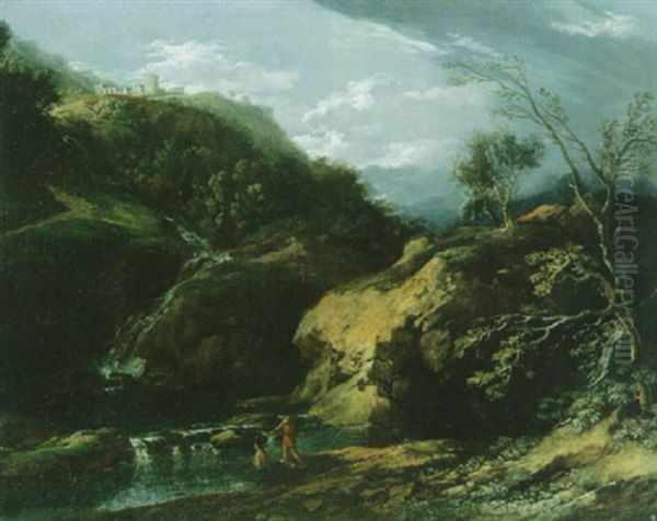 Sudliche Landschaft Mit Anglern An Einem Wasserfall Oil Painting by Francisque Millet