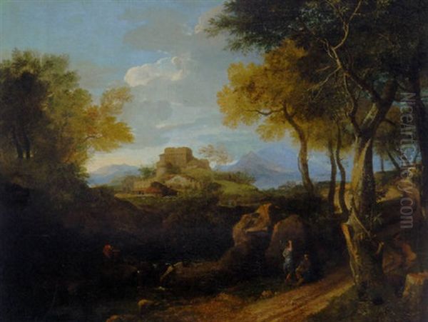 An Extensive Landscape With Figures On A Path, A Borgo Beyond Oil Painting by Francisque Millet