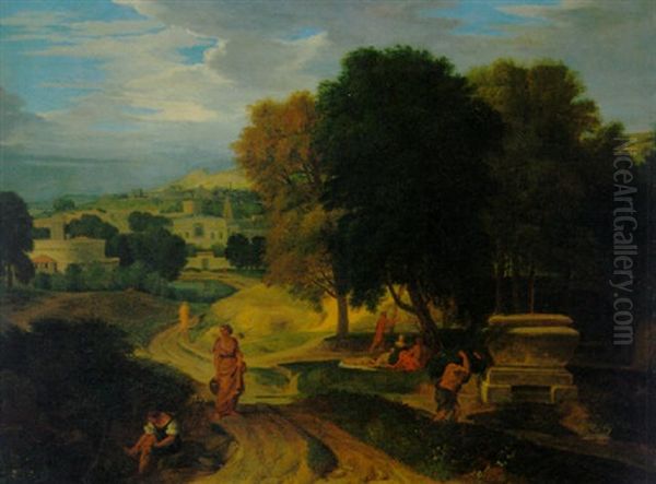 Figures In A Classical Landscape Oil Painting by Francisque Millet