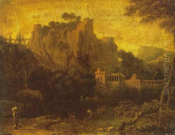 An Italianate Landscape With Fishermen Drawing In Their Nets In The Foreground, A Classical Villa And Rocky Outcrop Beyond Oil Painting by Francisque Millet