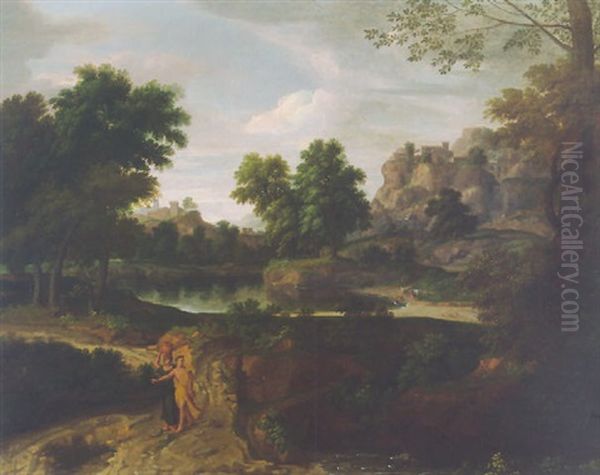 Two Figures On A Path In A Wooded Classical Landscape With Buildings And A Pool Of Water Beyond Oil Painting by Francisque Millet