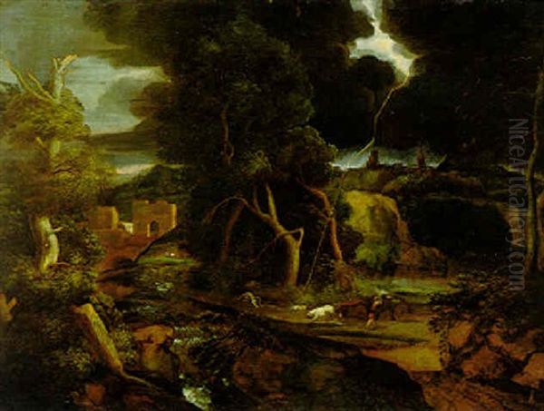 Wooded River Landscape With Cattle And Travellers Struck By Thunderbolt Oil Painting by Francisque Millet