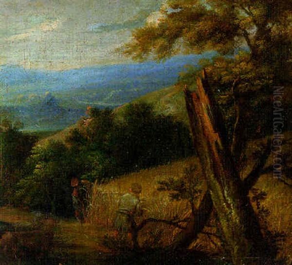 A Harvest Landscape Oil Painting by Francisque Millet