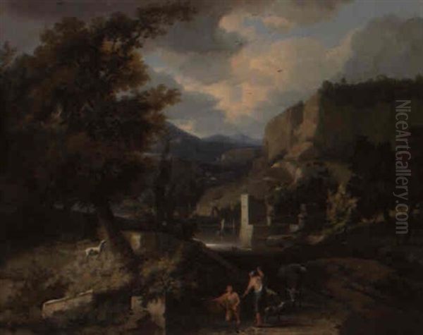 Personnages Se Reposant Pres D'une Fontaine Dans Un Paysage Classique Oil Painting by Francisque Millet