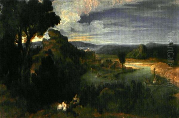 Paysage Au Lac Et Aux Promeneurs Oil Painting by Francisque (Joseph F.) Millet