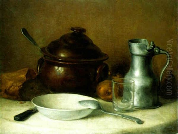 A Still Life With A Soup Tureen, Bowl, Bread, And A Pewter Pitcher Oil Painting by Francois Millet