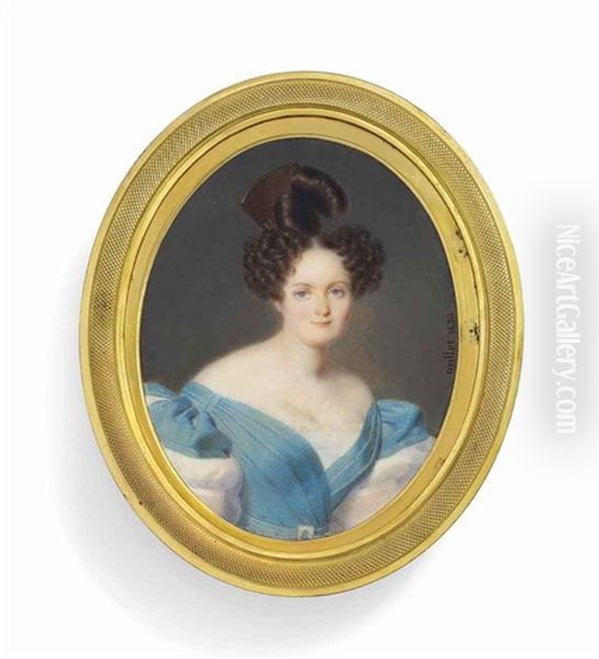 A Young Lady, In Off-the-shoulders Blue Dress With White Puff Sleeves, Brown Hair Elaborately Dressed In An Apollo Knot Secured With A Tortoiseshell Comb Oil Painting by Frederic Millet