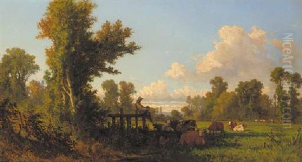 A Cowherd Watching Over His Flock In The Shade Oil Painting by Jean-Baptiste Millet