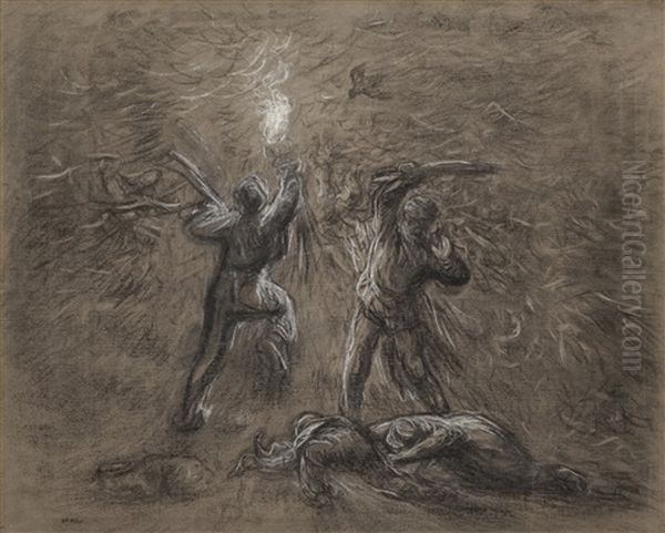 Chasse Aux Oiseaux Par Lumiere Des Torches by Jean-Francois Millet