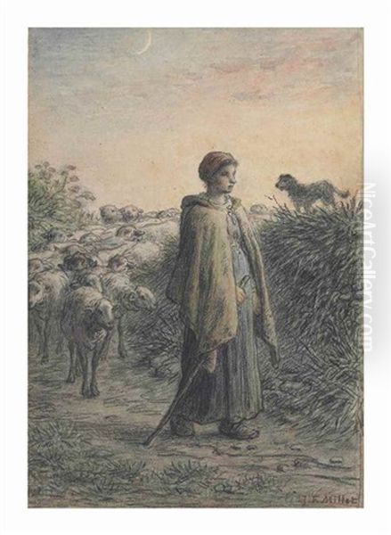 Une Bergere De Retour Avec Son Troupeau Le Soir Oil Painting by Jean-Francois Millet