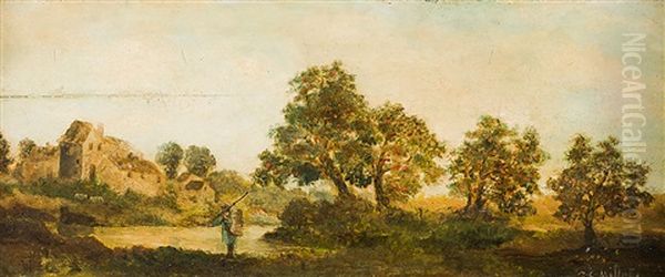 Sommerliche Flusslandschaft Mit Fruchte Tragenden Obstbaumen Und Einem Obstbauern Am Ufer Oil Painting by Jean-Francois Millet