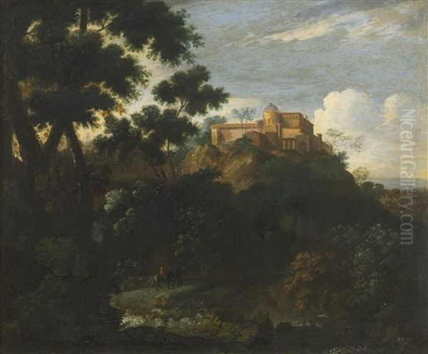 Wooded Mountainous Landscape With Travelers On A Track, A Villa Beyond by Jean-Francois Millet