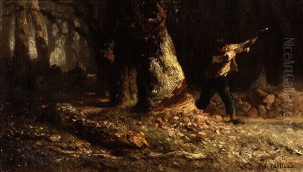 Woodcutter In The Forest (+ Study, Verso) Oil Painting by Jean-Francois Millet