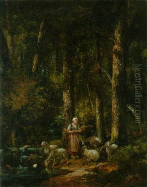 Waldlandschaft Mit Hirtin Und Ihrer Herde Oil Painting by Jean-Francois Millet