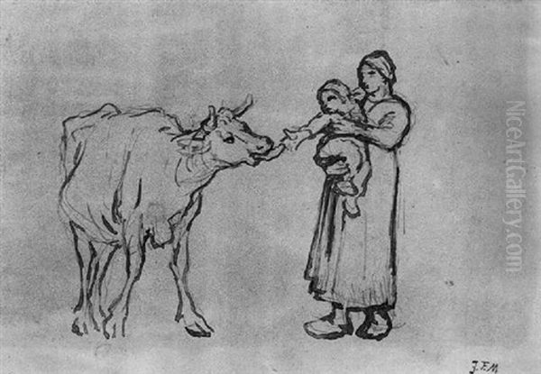 Mere Avec Son Enfant Et Une Vache Oil Painting by Jean-Francois Millet