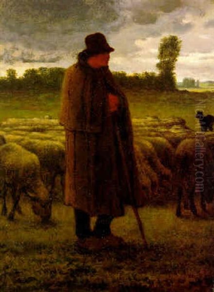 Un Berger Et Son Troupeau Sur La Plaine Pres De Barbizon (shepherd And Sheep On The Plain Near Barbizon) Oil Painting by Jean-Francois Millet