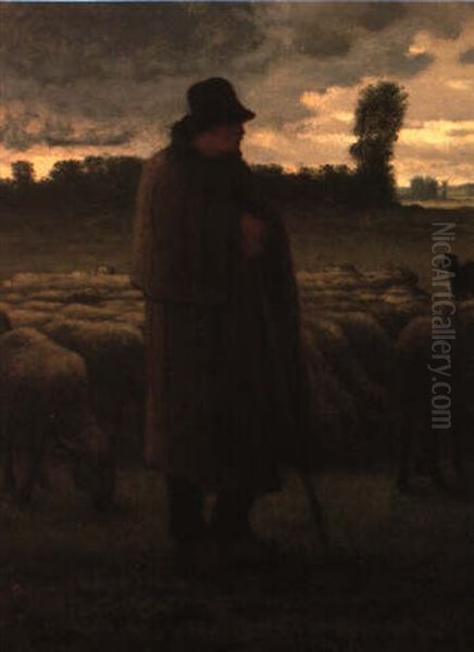 Shepherd And Sheep Oil Painting by Jean-Francois Millet