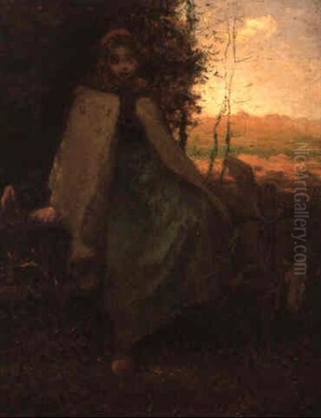 Shepherdess Seated On A Fence (la Barriere) Oil Painting by Jean-Francois Millet