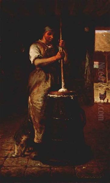 Une Femme Battant Le Beurre (woman Churning Butter) Oil Painting by Jean-Francois Millet