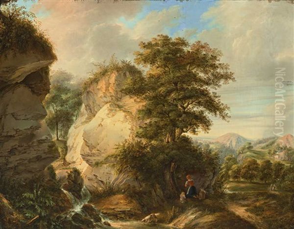 Zwischen Zwei Markanten Felsen Entspringt Ein Kleiner Bachlauf, Der Dem Vordergrund Zufliest Oil Painting by Thaddaus Millian