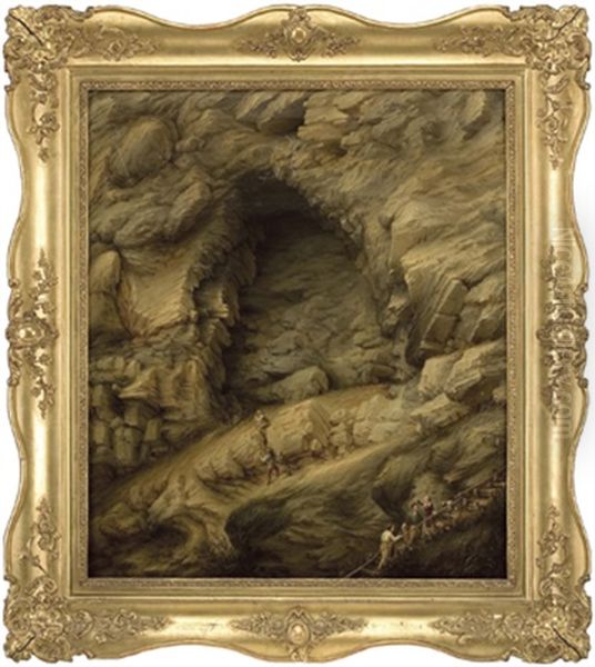 Felsgrotte Im Hochgebirge Mit Wanderern Oil Painting by Thaddaus Millian