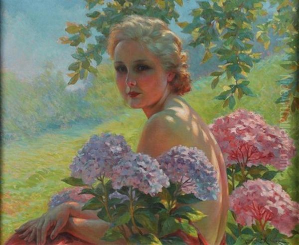 Nu Assis Entre Les Dahlias, 1936 Oil Painting by Maurice Milliere