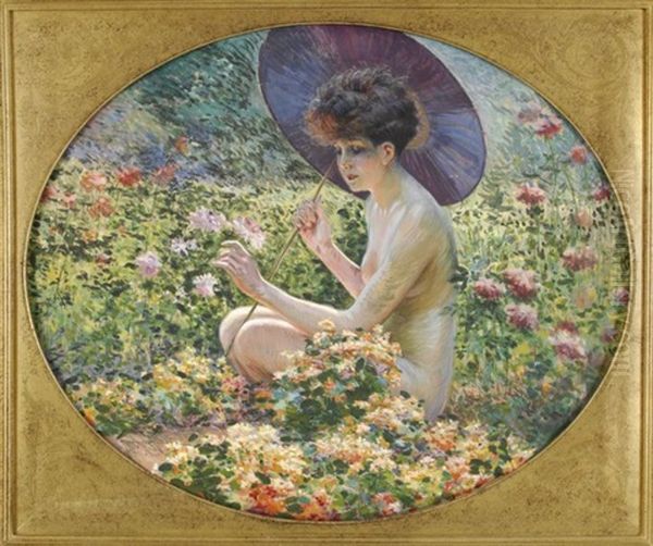 Baigneuse A L'ombrelle Japonaise Au Jardin Oil Painting by Maurice Milliere