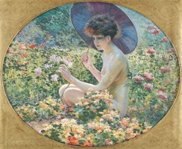 Baigneuse A L'ombrelle Japonaise Au Jardin Oil Painting by Maurice Milliere