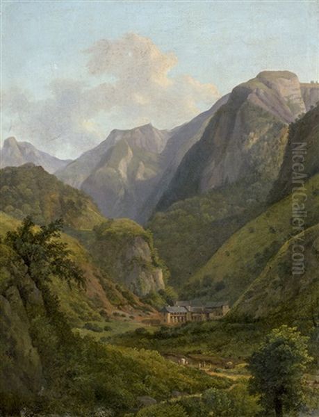 Landschaft In Den Pyrenaen Mit Einem Heilbad Oil Painting by Alexandre Louis Robert Millin Du Perreux