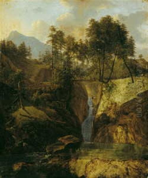 Gebirgslandschaft Mit Wasserfall Oil Painting by Alexandre Louis Robert Millin Du Perreux