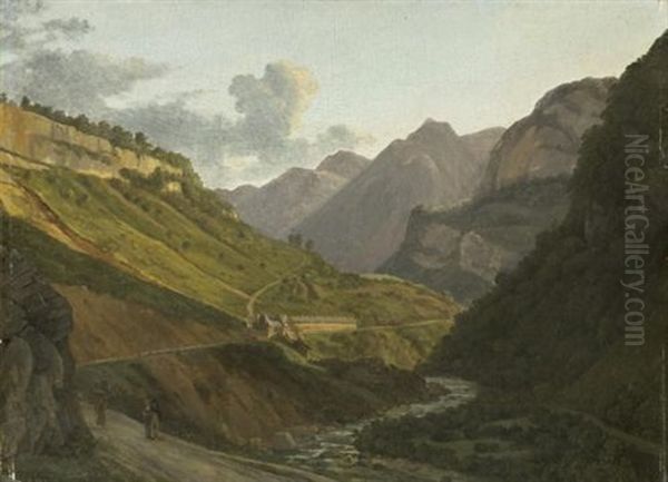 Vue Des Eaux Chaudes Dans Les Basses Pyrenees Oil Painting by Alexandre Louis Robert Millin Du Perreux