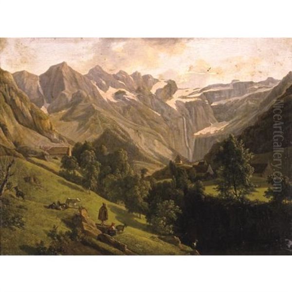 View Of The Canyon And Waterfall Of Gavarnie Oil Painting by Alexandre Louis Robert Millin Du Perreux