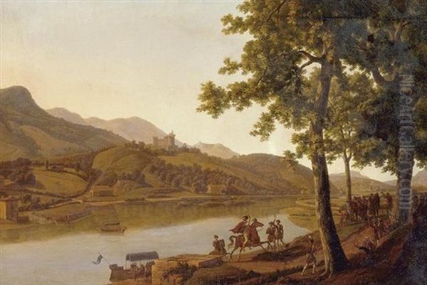 Nobles Disembarking Along The Banks Of A River Oil Painting by Alexandre Louis Robert Millin Du Perreux