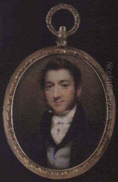 A Gentleman Wearing Dark Grey Coat With Black, Pale Blue Waistcoat With Black Velvet Collar, Tied White Stock And Cravat Held With Stickpin Oil Painting by James Heath Millington