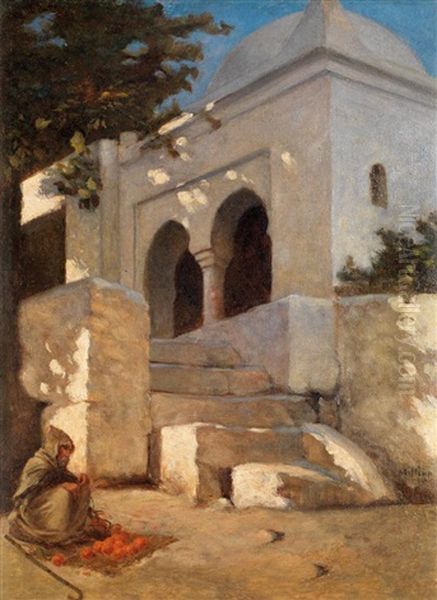 Le Marchand D'oranges Devant Le Cafe Des Palmes A Alger Oil Painting by Joseph Million