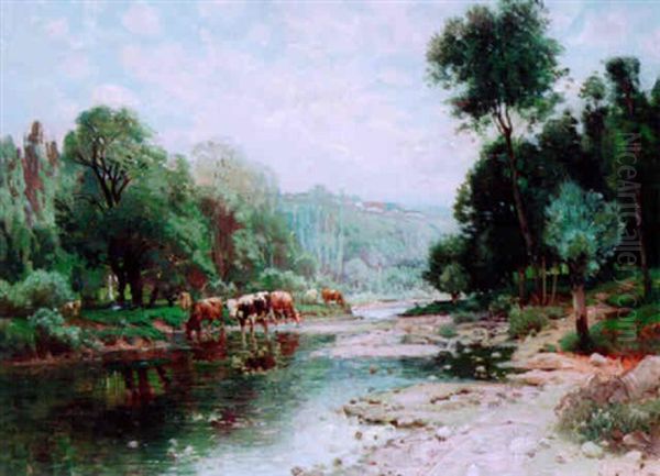 Cattle Watering By A River Oil Painting by Joseph Million